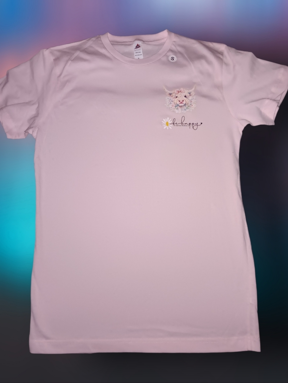 Women's Short Sleeve Pink Tee with Floral Cow Graphic Be Happy Decal